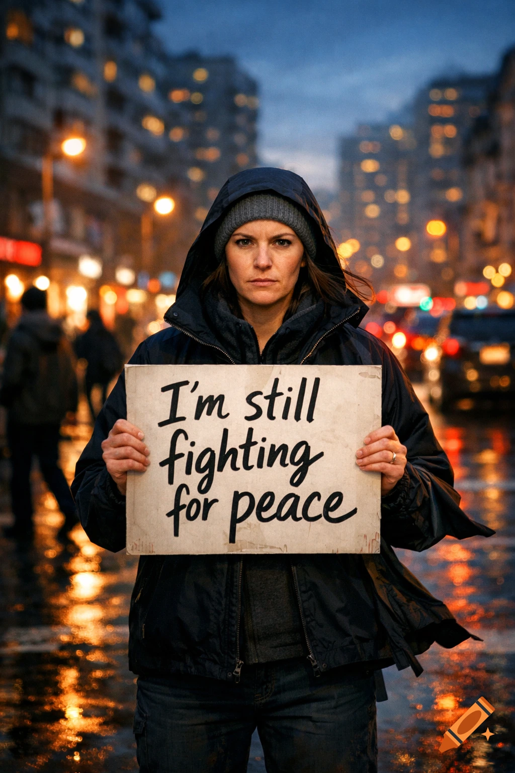 A woman in a hooded jacket and beanie holds a sign saying 'I'm still fighting for peace' on a rainy city street at dusk.