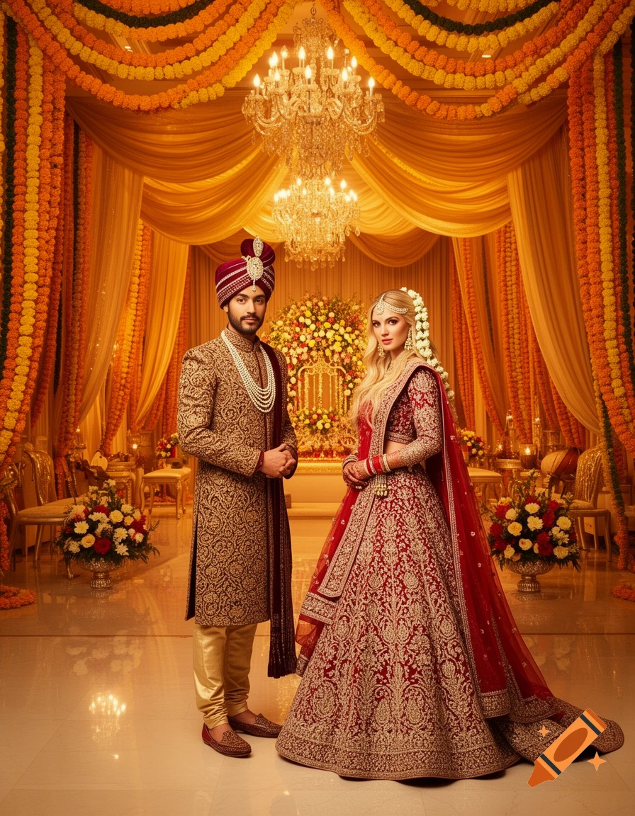 An Indian groom and bride in traditional attire stand in a grand wedding venue decorated with marigold garlands and chandeliers.
