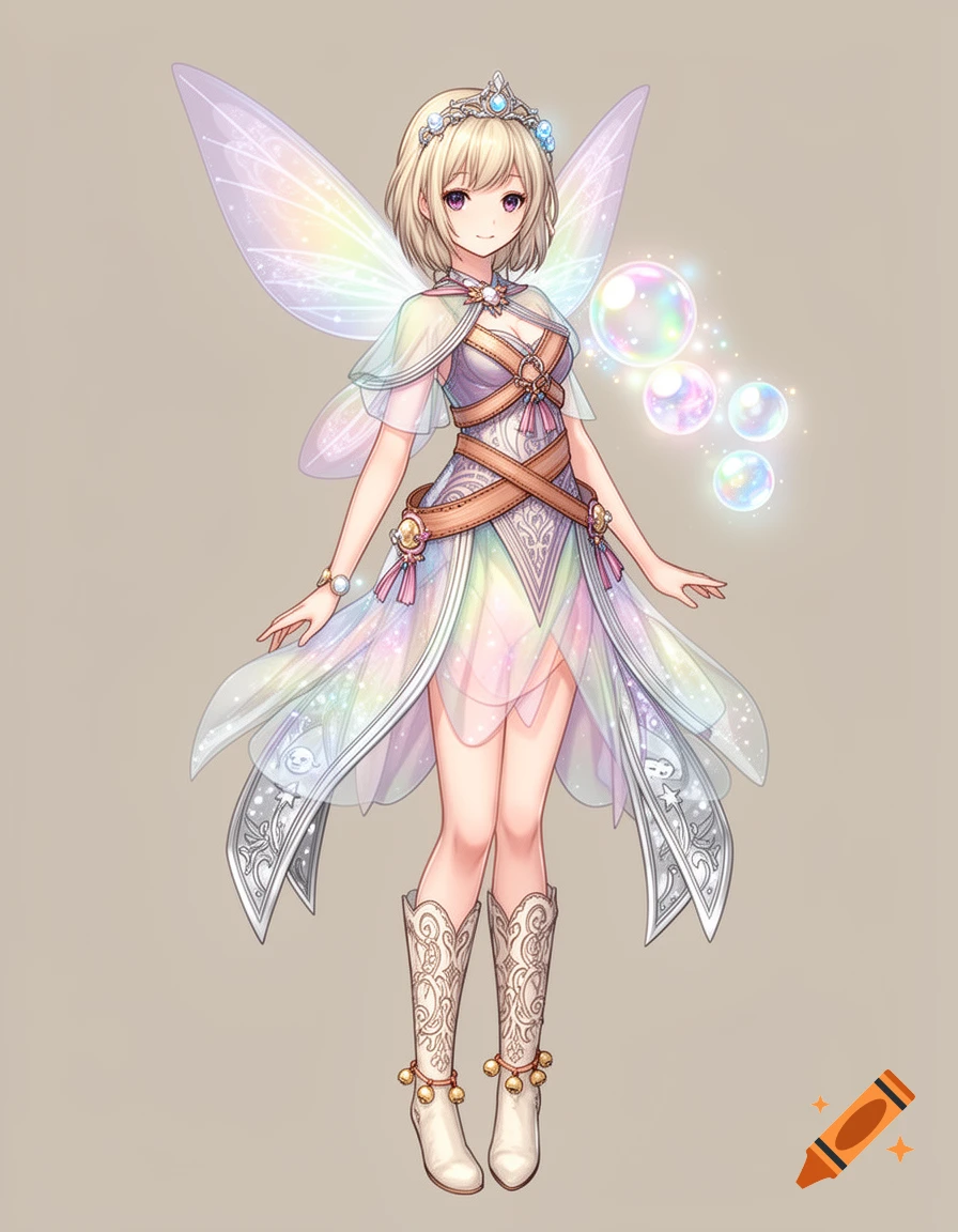 An anime-style fairy with blonde hair, iridescent wings, a layered rainbow dress, white boots, and magical bubbles on a plain background.