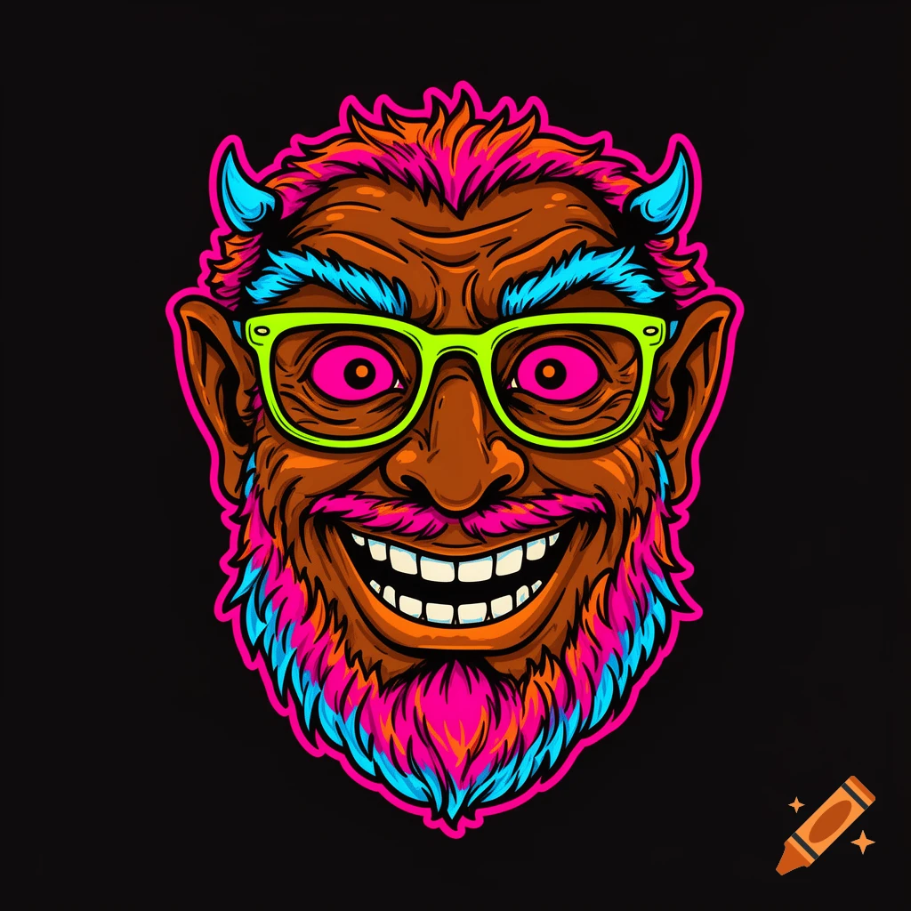 A stylized cartoon illustration of a brown monster face with bright pink and blue fur, neon green glasses, and a wide, toothy smile, on a black background.