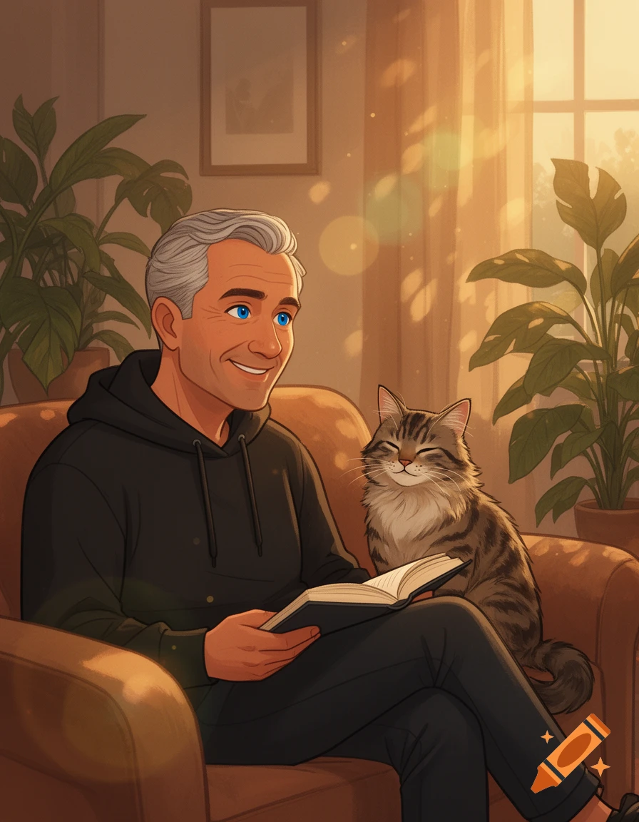 An illustration of a man with gray hair in a black hoodie reading a book on a couch with a tabby cat sitting beside him. Golden sunlight streams through a window.