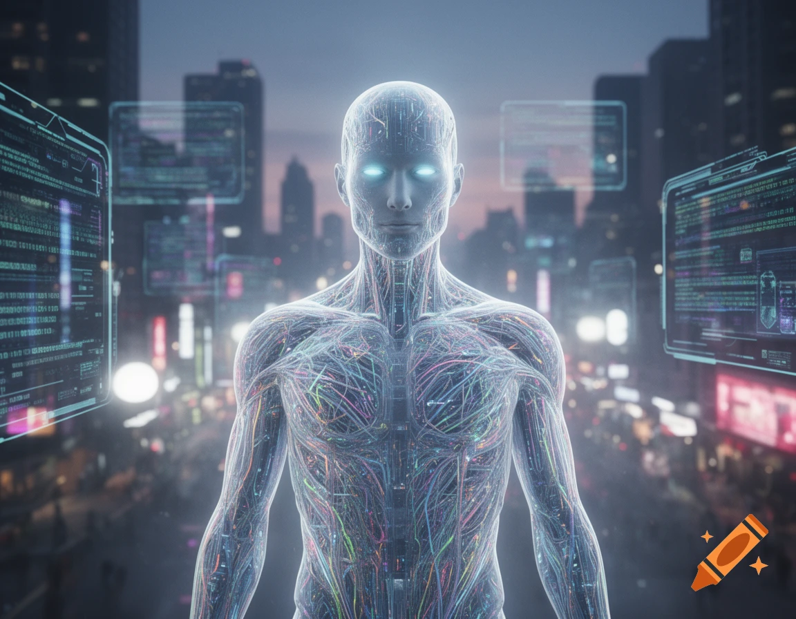 A translucent, circuit-filled human figure with glowing eyes stands in a neon-lit cyberpunk city with holographic interfaces.
