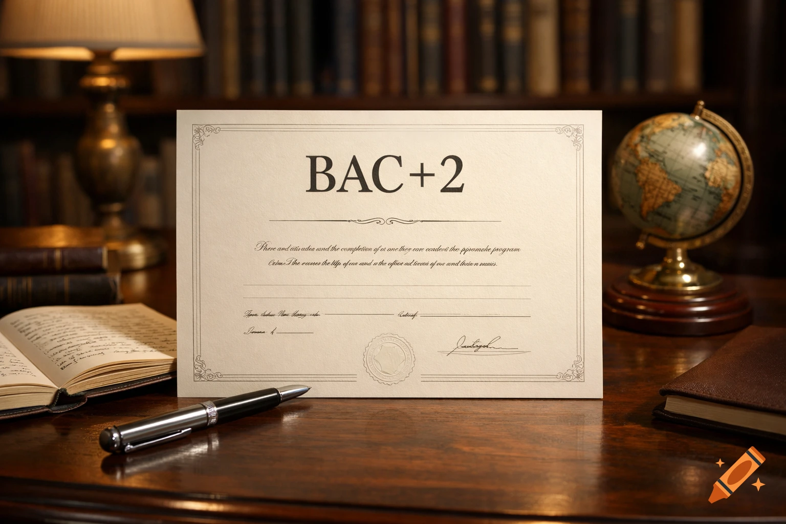 A close-up of a diploma-like document with "BAC+2" prominently displayed, sitting on a wooden desk with a pen, open book, lamp, and globe in a study.