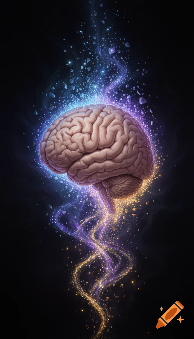 An abstract illustration of a human brain glowing with vibrant blue, purple, and gold light, dissolving into sparkling energy trails against a dark background.