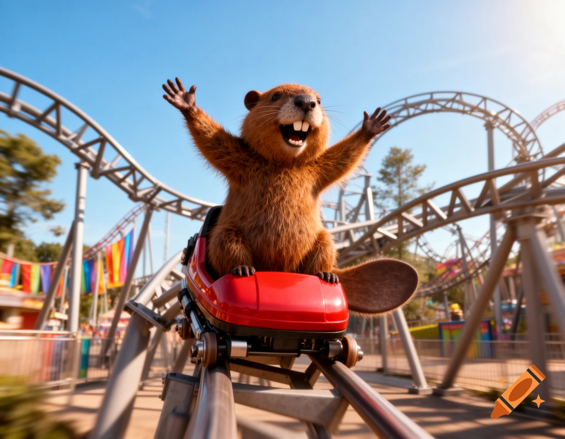 A happy, photorealistic cartoon beaver with large teeth rides a red rollercoaster, arms raised in excitement, under a blue sky.