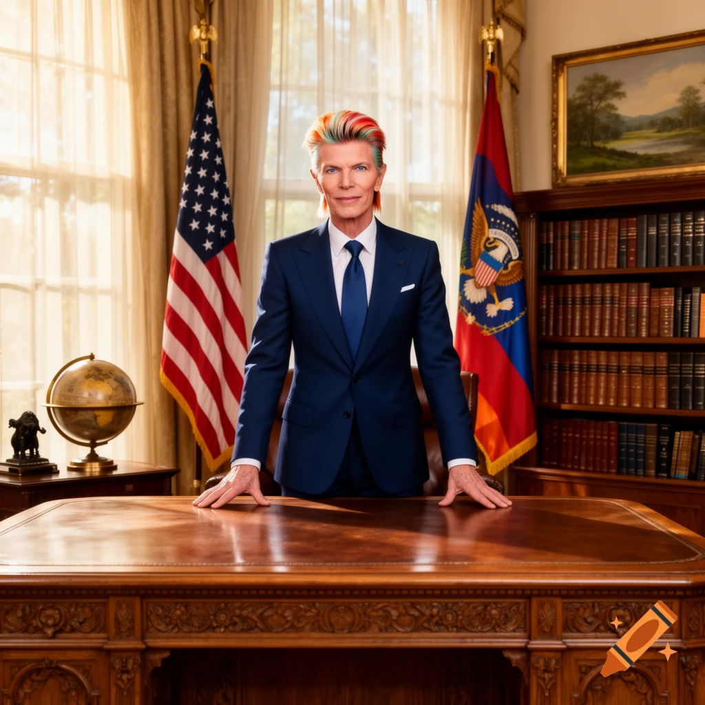 David Bowie, with his iconic lightning bolt makeup and multi-colored hair, stands behind a large wooden desk in a formal office, flanked by an American flag and another flag with a presidential-like seal. He wears a navy suit and tie in this photorealistic portrait.