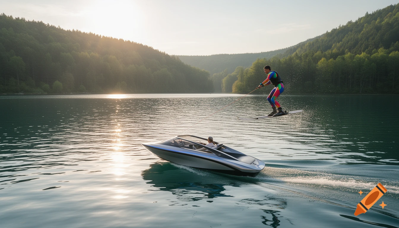 A person on water skis is pulled by a sleek silver boat across a calm lake surrounded by lush green mountains at sunset.