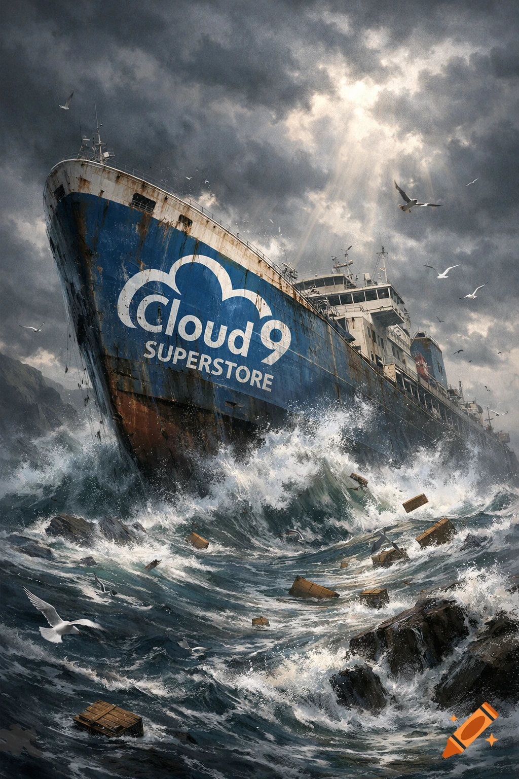 A weathered blue cargo ship, "Cloud 9 SUPERSTORE", sinks in a stormy sea with crashing waves under a dramatic sky.
