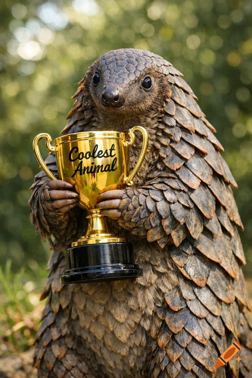 A hyperrealistic pangolin holds a gold trophy that reads "Coolest Animal" against a blurry green background.