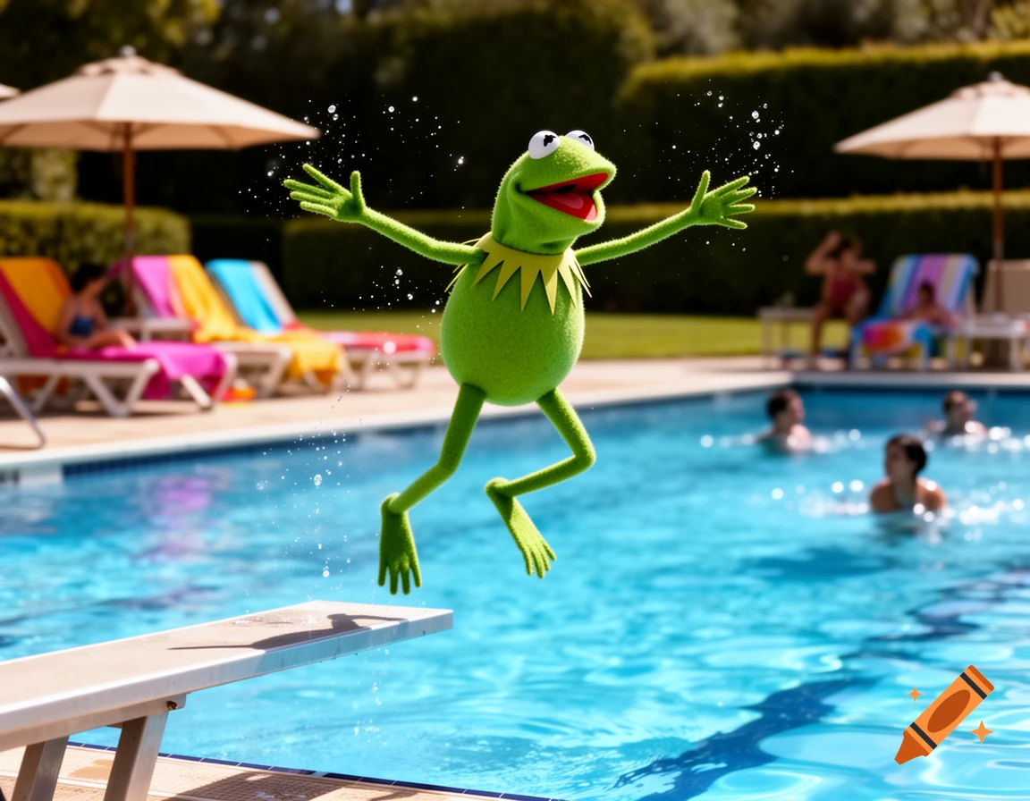 Kermit the Frog leaps off a diving board into a sunny swimming pool with people in the background, photorealistic style.