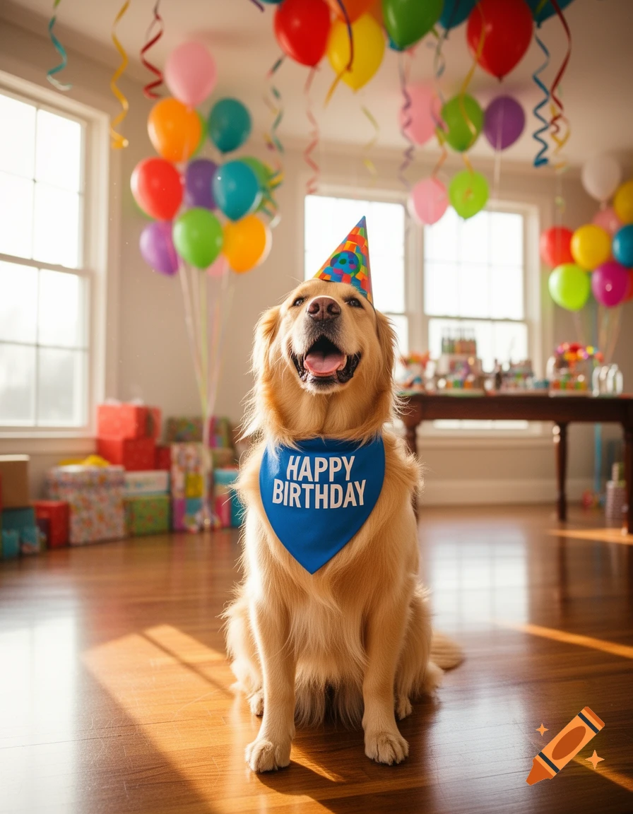 A happy Golden Retriever dog wearing a party hat and a 'HAPPY BIRTHDAY ...