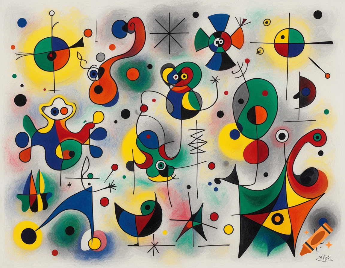 An abstract painting in the style of Joan Miró featuring colorful biomorphic shapes, lines, and dots on a light background.