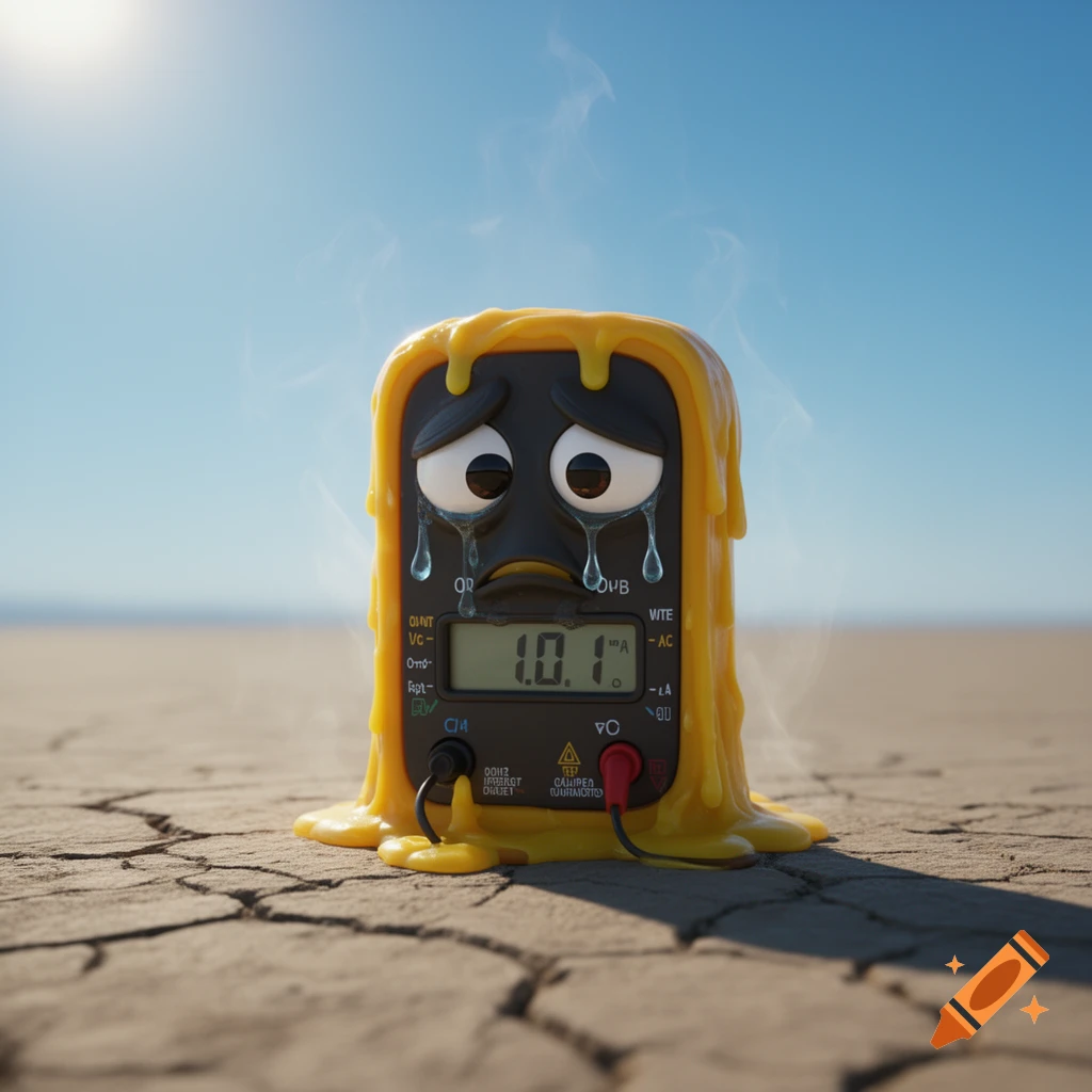 A sad, anthropomorphic multimeter, melting and crying in the intense heat on cracked desert ground under a clear blue sky.