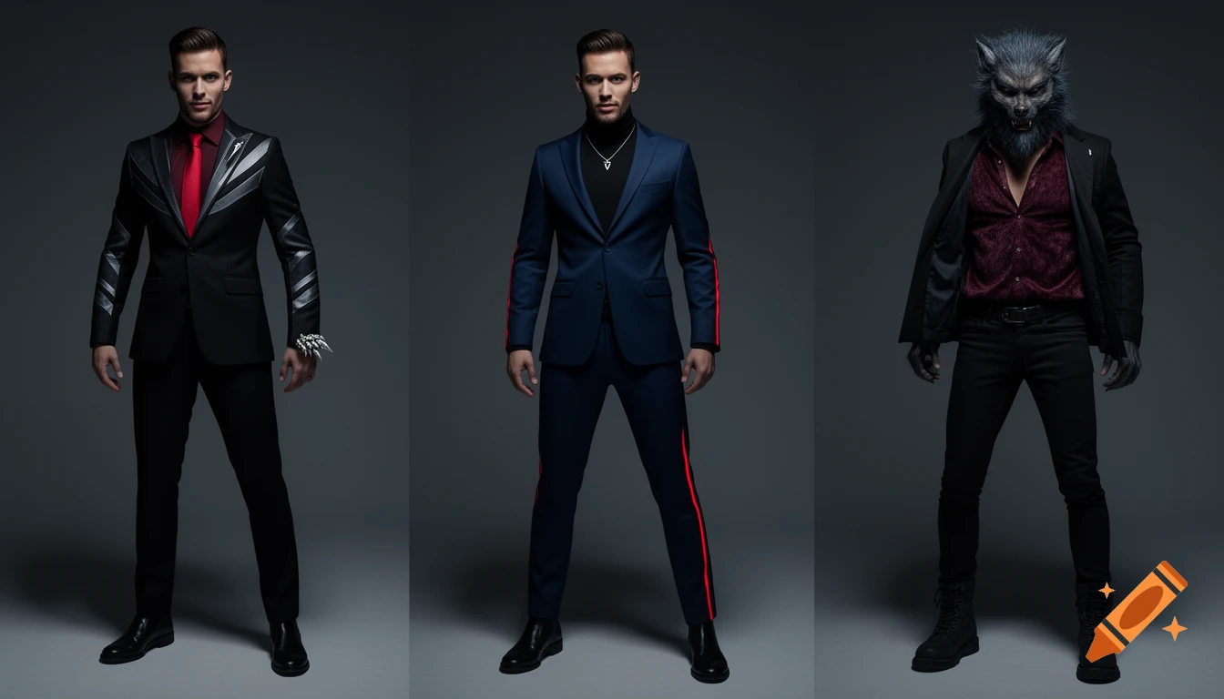Three men showcase werewolf-inspired suits: black with silver stripes, blue with red stripes, and a full werewolf transformation in a dark suit.