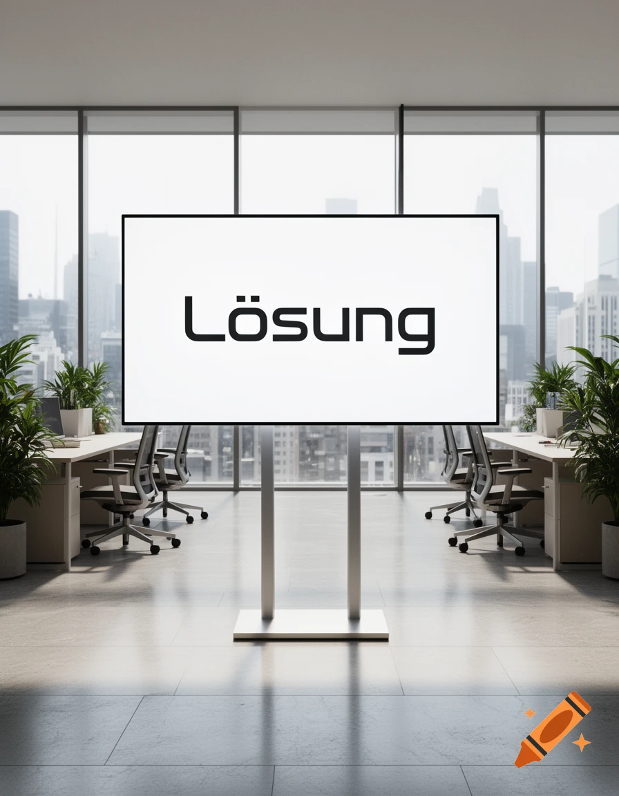 A modern office space with a large screen displaying the word 'Lösung' in black text.