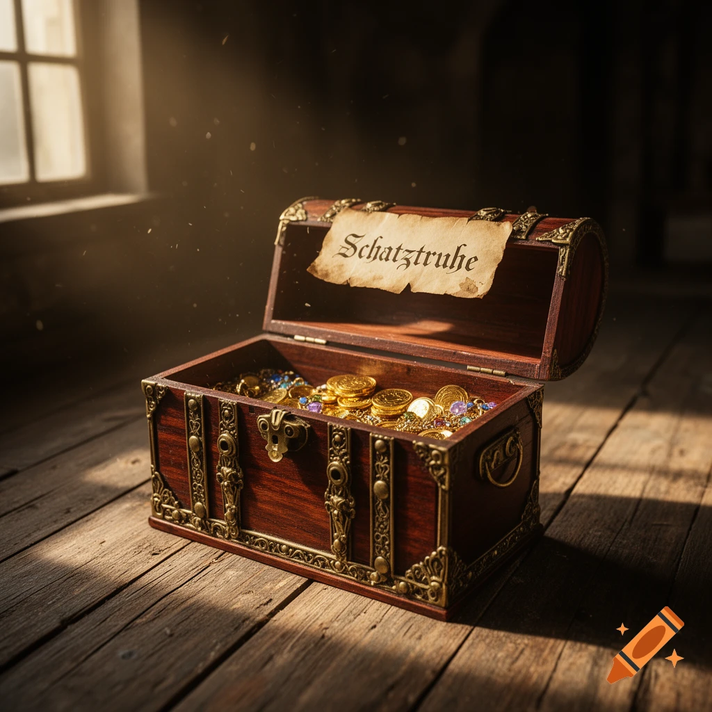 An open wooden treasure chest, filled with gold coins and colorful jewels, sits on a wooden floor, illuminated by sunlight from a window.