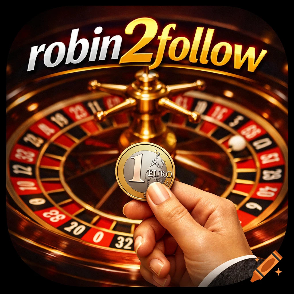 A hand holds a 1 Euro coin over a spinning roulette wheel with the text 'robin2follow' above.