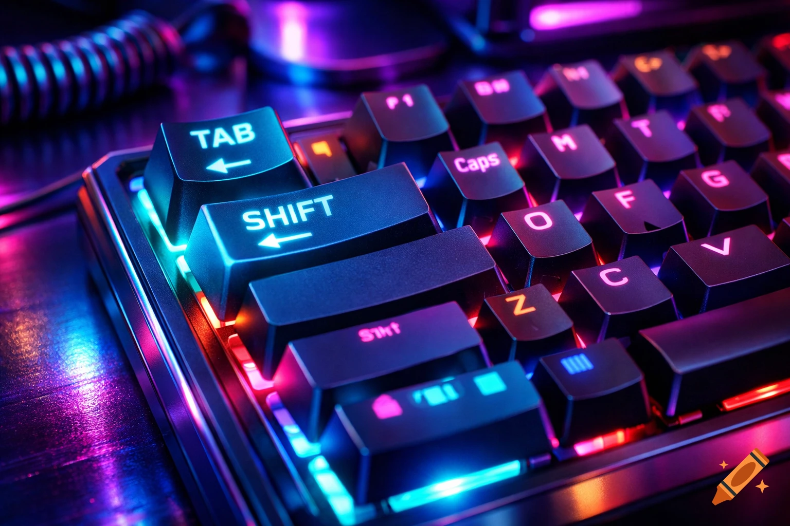 Close-up of a neon cyberpunk mechanical keyboard with glowing RGB backlighting, featuring bright cyan Shift and Tab keys.