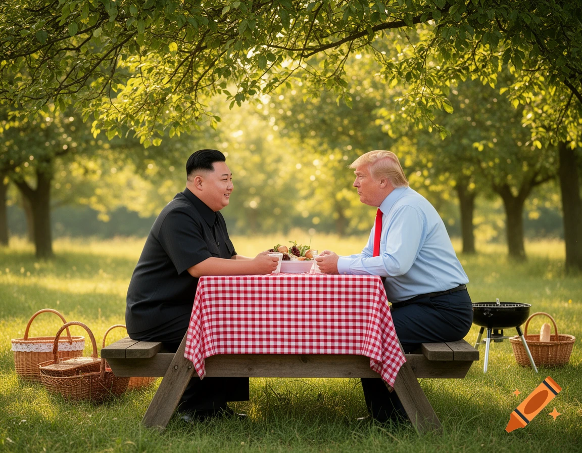 Kim Jong Un and Donald Trump sit facing each other at a picnic table with a red checkered tablecloth in a sunny park.
