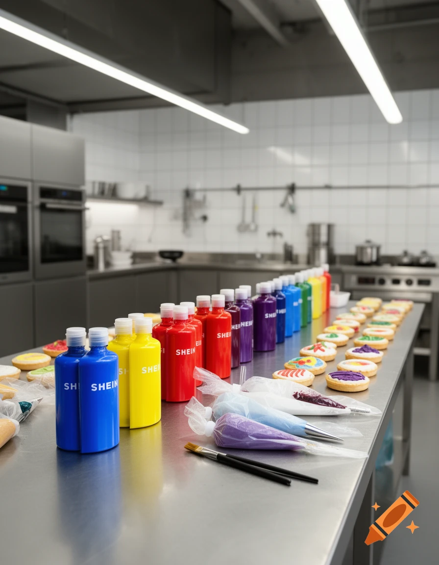 Rows of colorful Shein food coloring bottles, piping bags, and decorated cookies arranged on a stainless steel kitchen counter.
