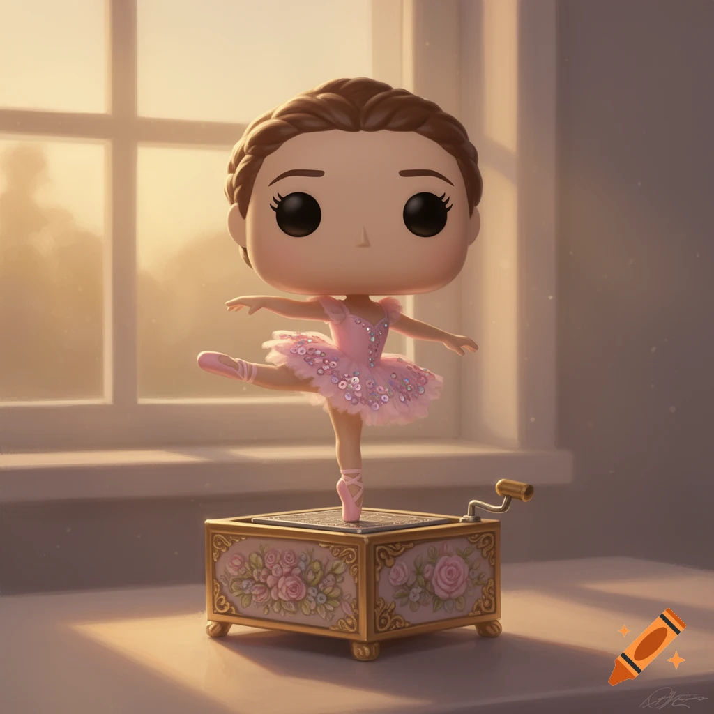 A Funko Pop ballerina figure in a pink tutu dances atop a gold and pink floral music box, against a window lit by soft golden light.