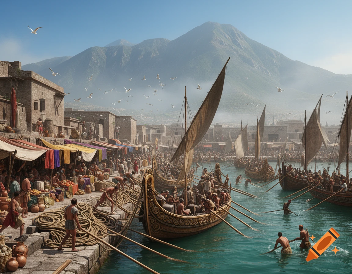 A bustling ancient Roman or Greek harbor scene with many people, market stalls, and numerous ships docked and sailing, set against a backdrop of mountains.