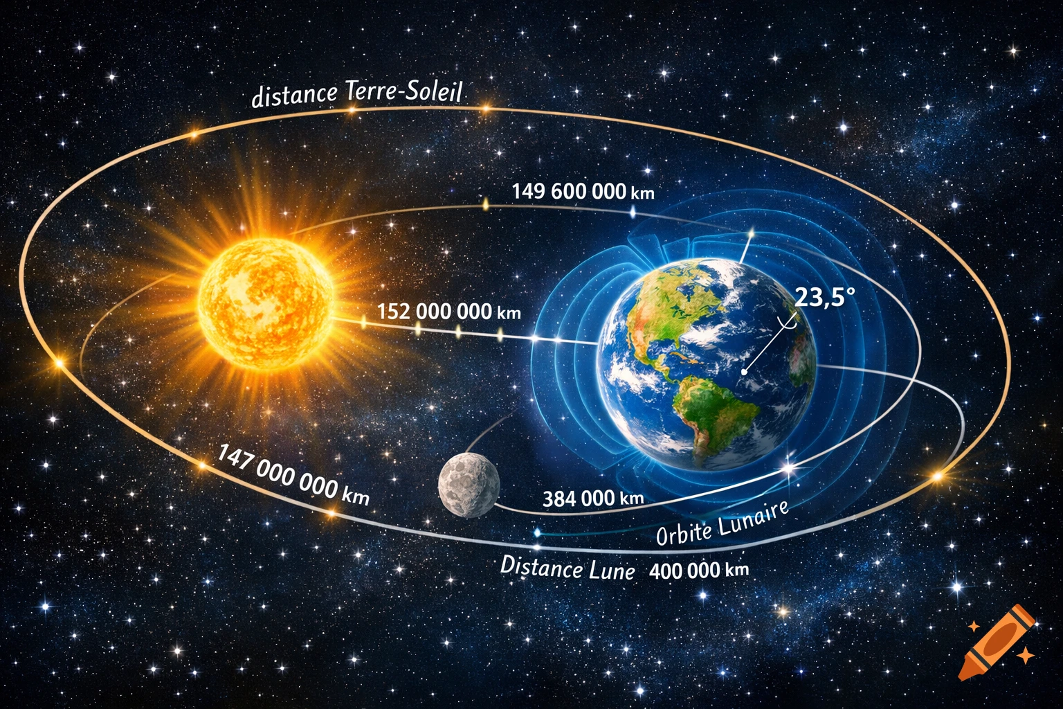 Diagram of the Earth-Sun-Moon system with orbits and distances, showing Earth's magnetic field and axial tilt of 23.5 degrees.