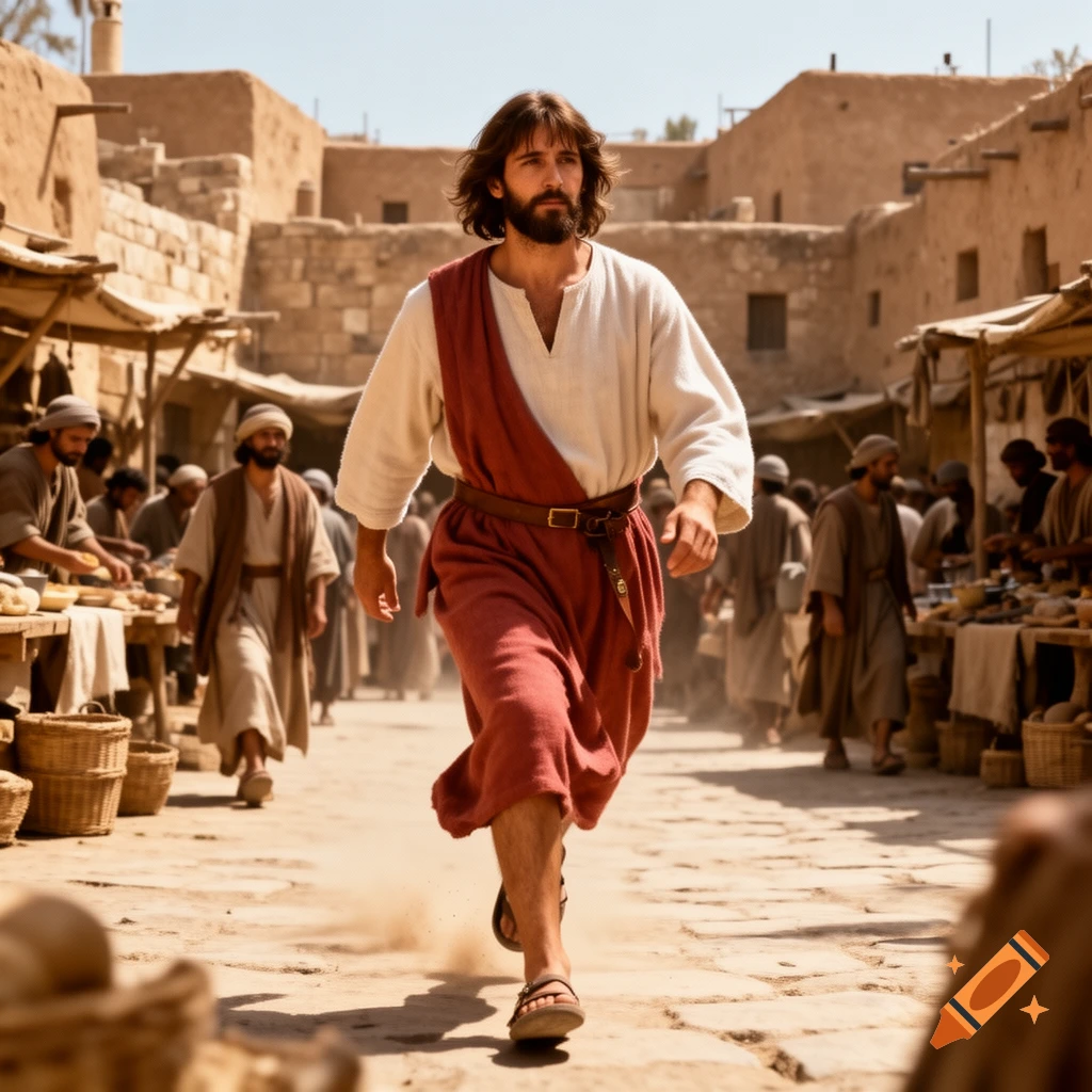 Photorealistic depiction of Jesus walking dynamically through a bustling ancient Middle Eastern market street, with vendors and people.