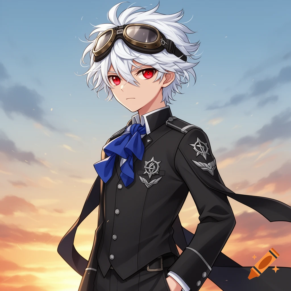 Anime boy with white hair, red eyes, and pilot goggles, wearing a black uniform against a sunset sky.