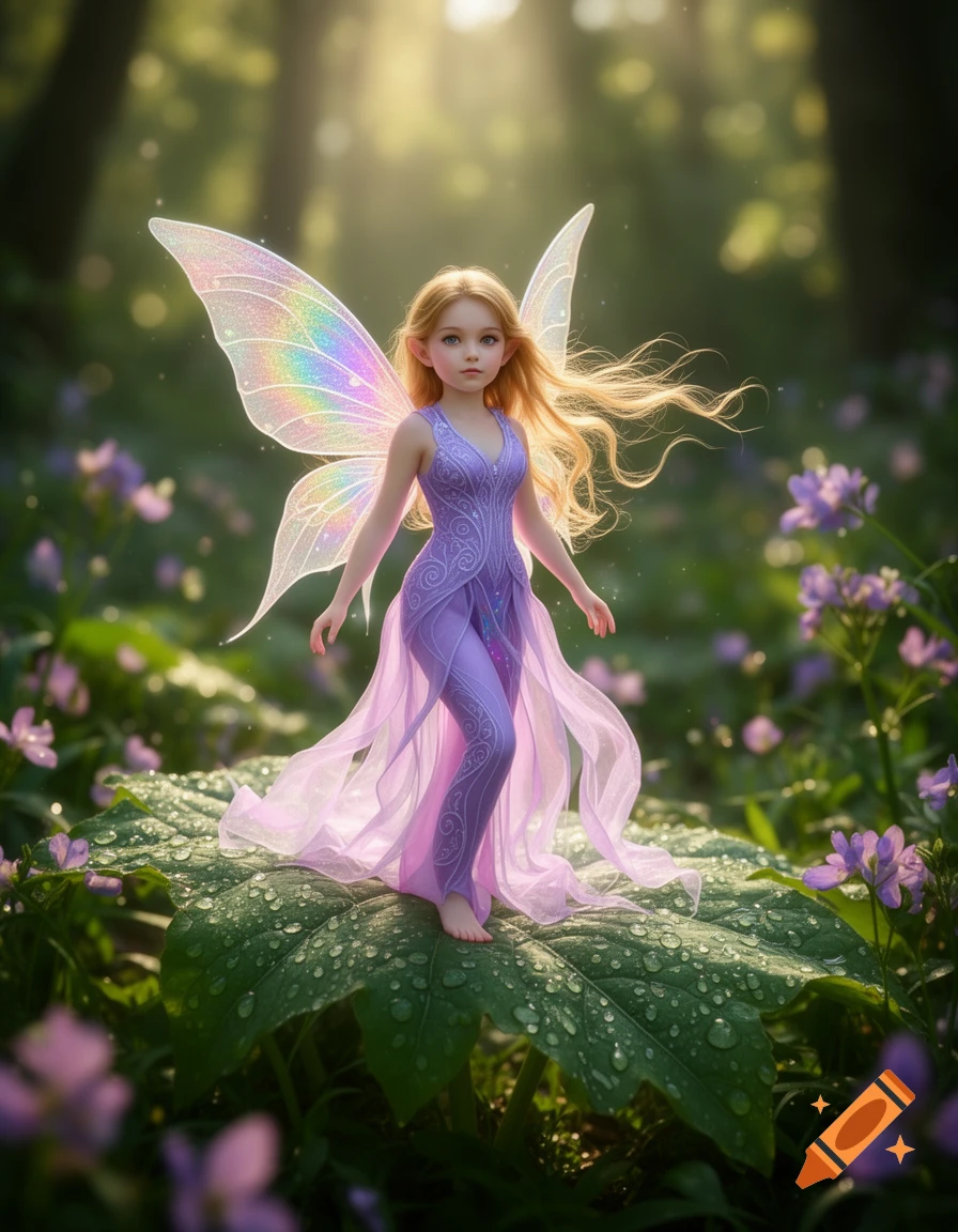 A blonde fairy with iridescent wings and a lavender dress stands on a dew-covered leaf in a sunlit forest.