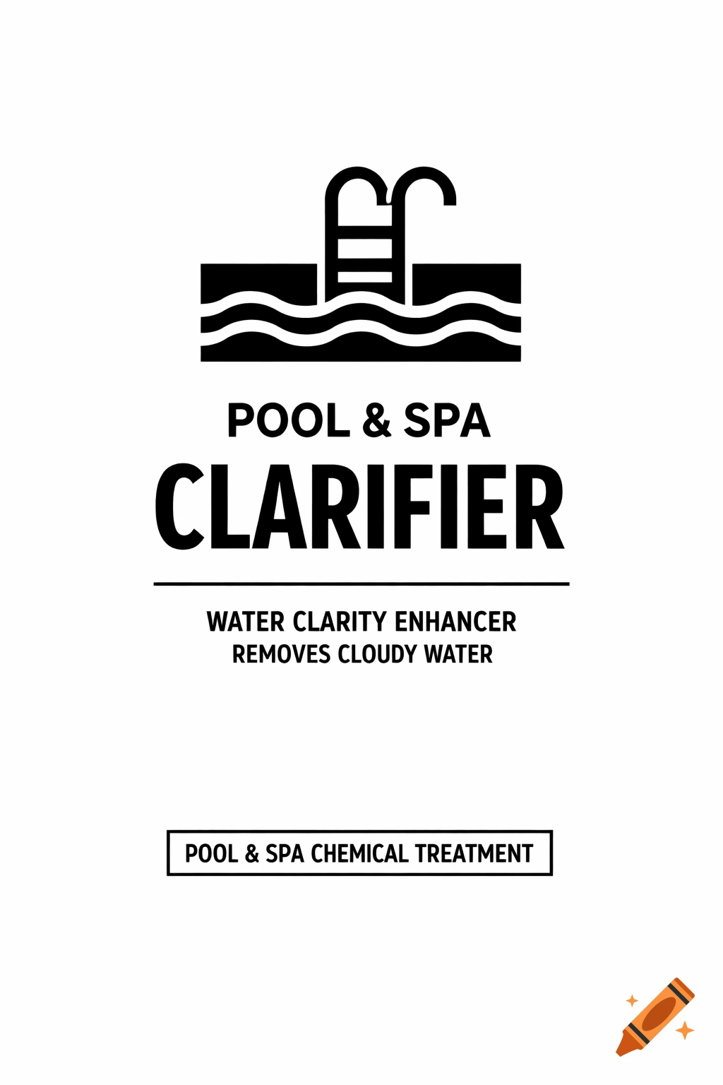 A minimalist black and white product label for Pool & Spa Clarifier, featuring a simple pool icon and text describing its function as a water clarity enhancer.