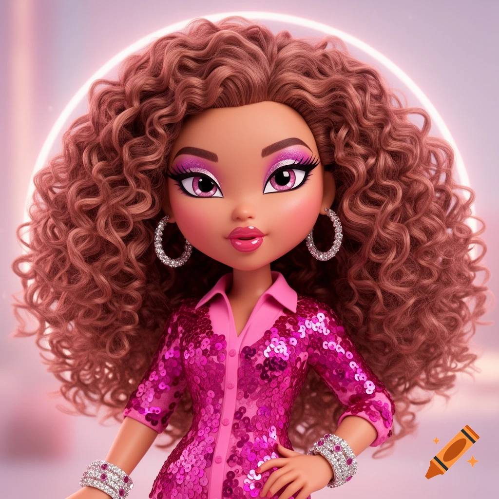 A glamorous 3D Bratz-style doll with long curly brown hair, wearing a pink sequin top, diamond hoop earrings, and bracelets, against a pink background.