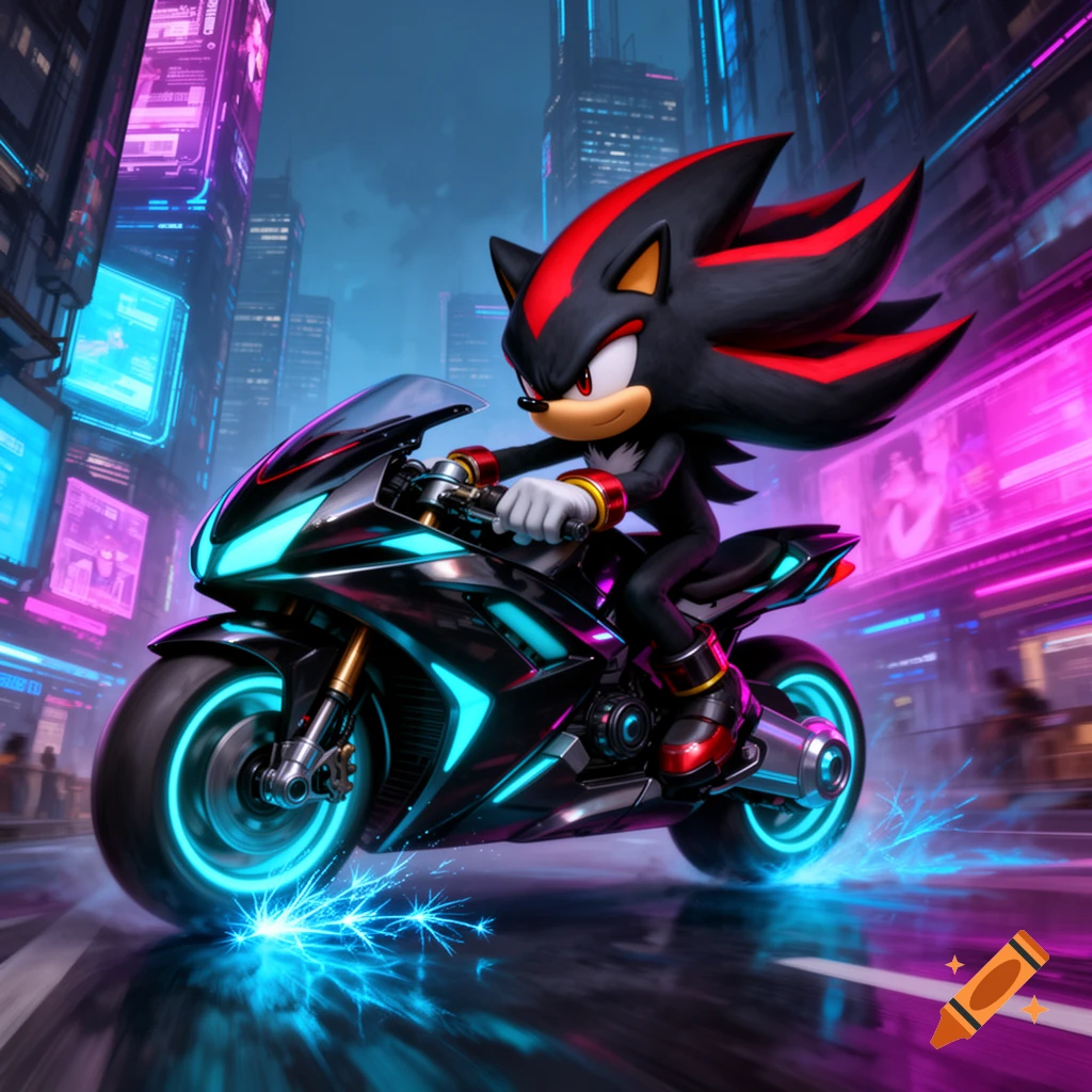 Shadow the Hedgehog speeds on a glowing black motorcycle through a vibrant, neon-lit cyberpunk city.