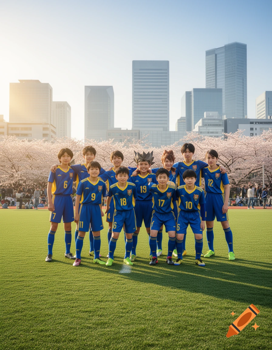 A Japanese youth soccer team in blue and yellow uniforms poses on a green field with a city skyline and cherry blossoms in the background.