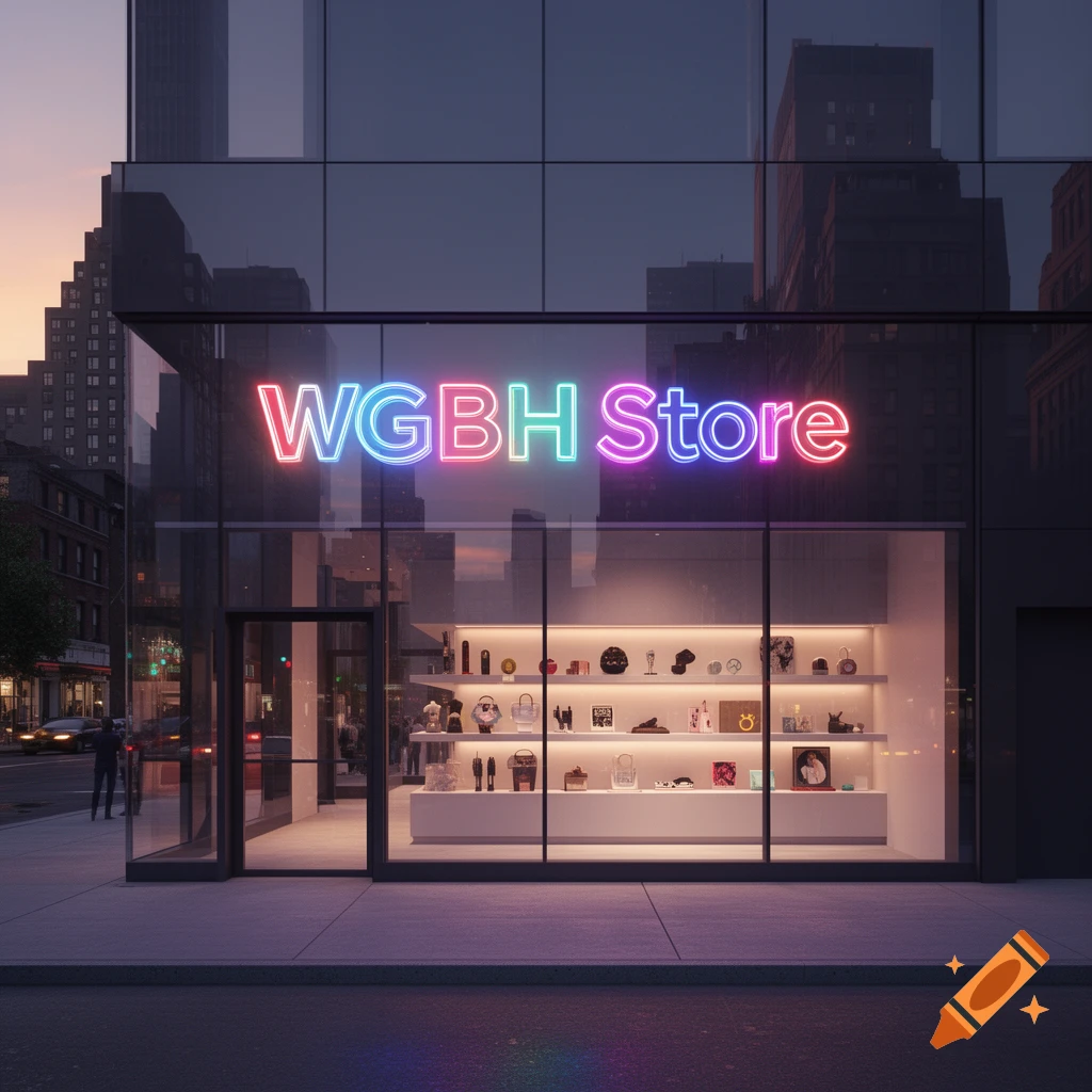 A modern storefront with a colorful neon sign reading 'WGBH Store' at dusk, displaying items in the window.