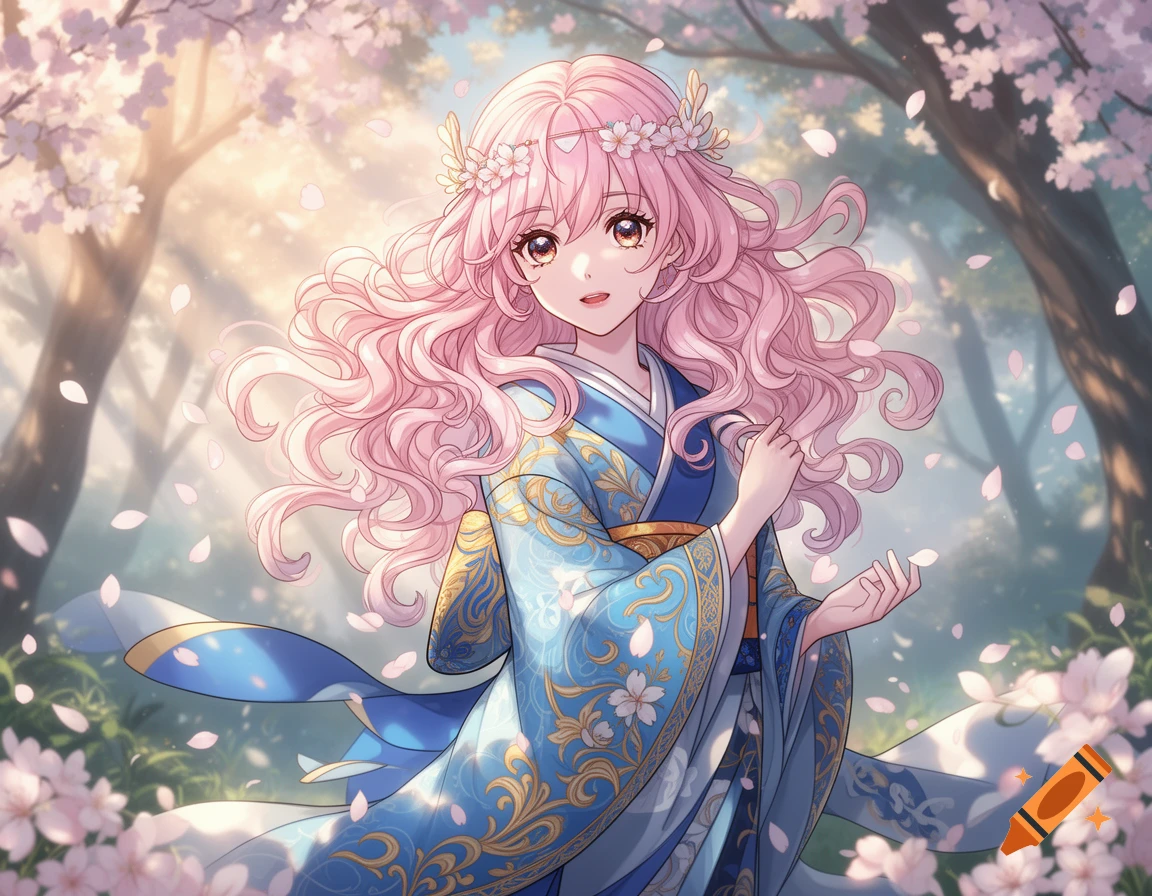 Anime girl with pink hair and a flower crown in a blue kimono, standing among falling cherry blossoms in a sunlit forest.