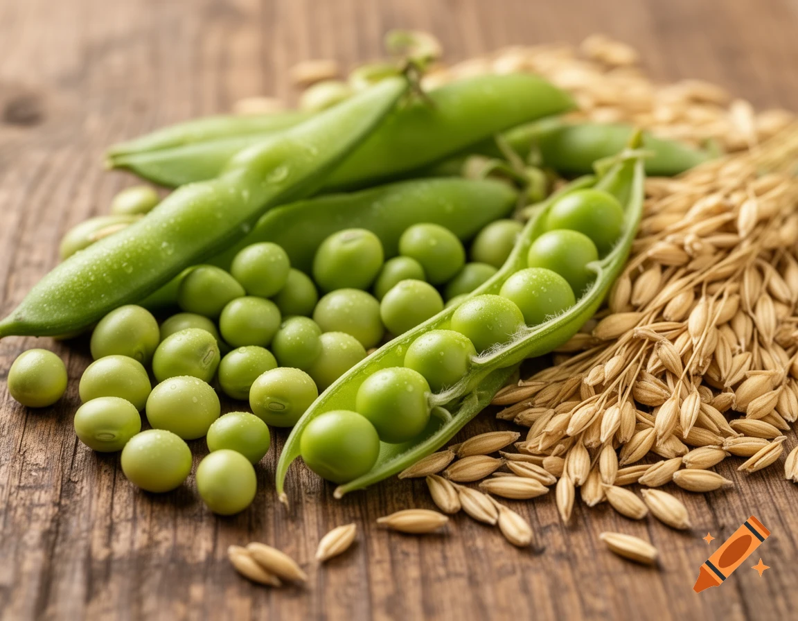 Fresh green peas, shelled and in pods, with stalks of oats on a rustic wooden surface, photorealistic.
