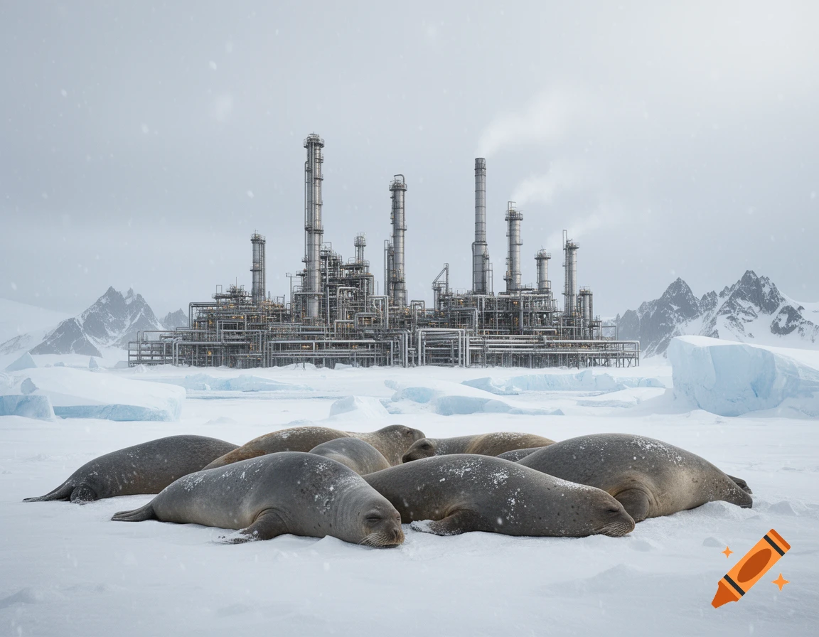 Photorealistic image of elephant seals resting on snow and ice with a large industrial oil refinery and mountains in the snowy background.