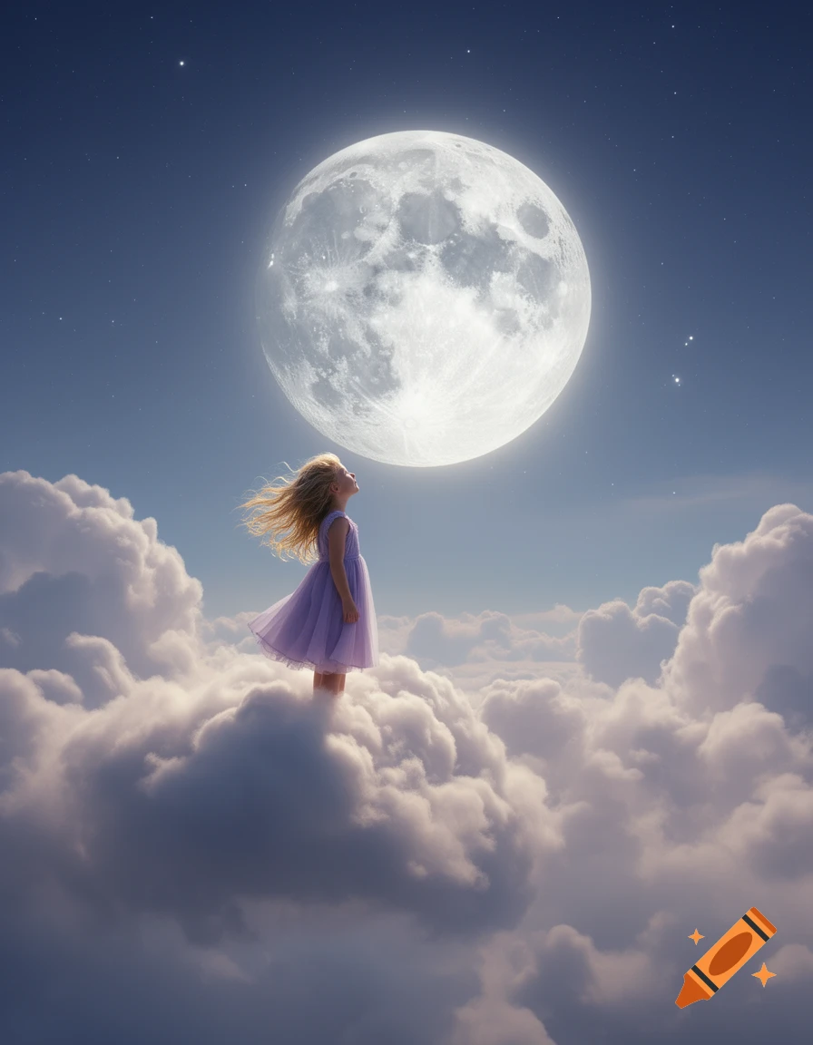 A young girl in a lavender dress stands on clouds, looking up at a large full moon in a starry night sky.