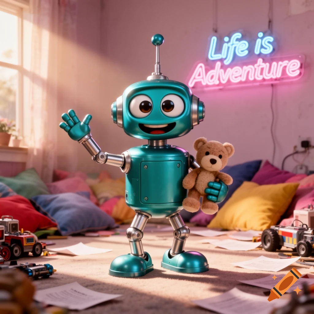 A cute teal robot waves, holding a teddy bear in a messy, sunlit room with a "Life is Adventure" neon sign, 3D render.