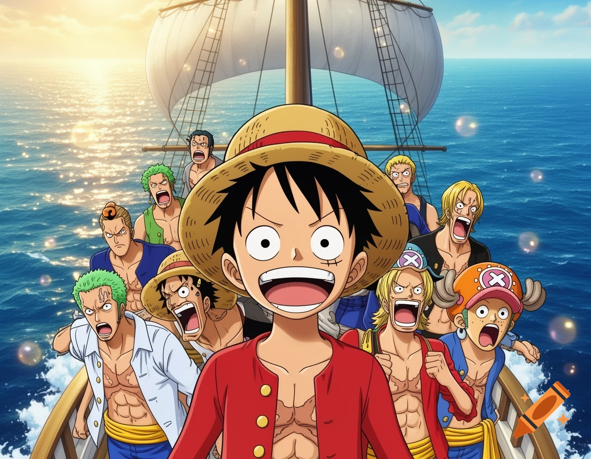 Luffy and his One Piece pirate crew look shocked while on their boat in the ocean, rendered in an anime style.