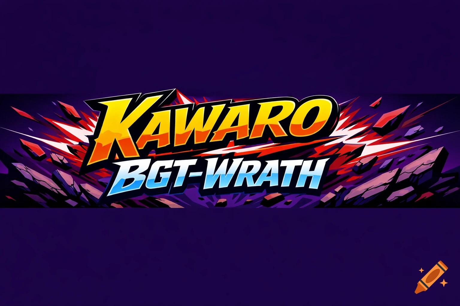 Dynamic purple banner with 'KAWARO' in yellow-orange and 'BGT-WRATH' in blue, surrounded by shattered rock and energy bursts.
