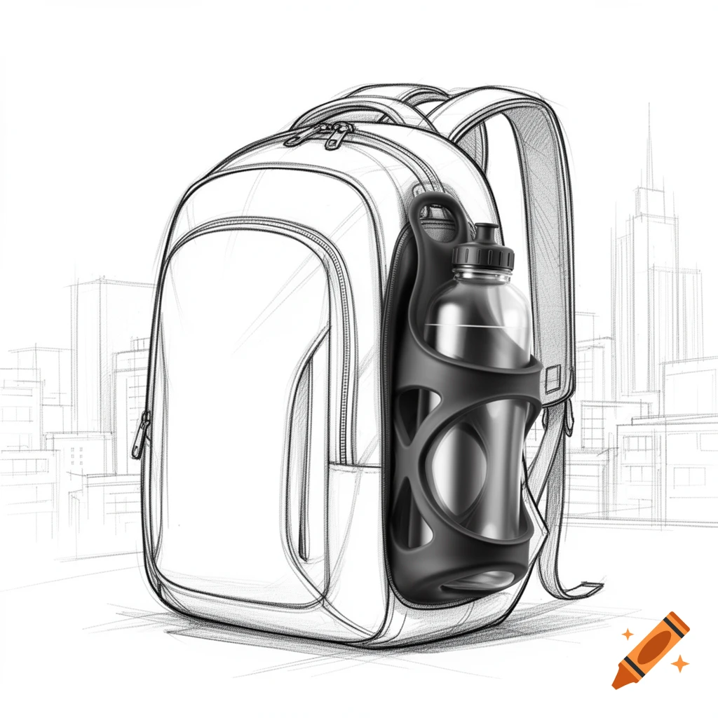 A sketch illustration of a backpack with a water bottle in a black silicone holder on its side, against a city skyline.