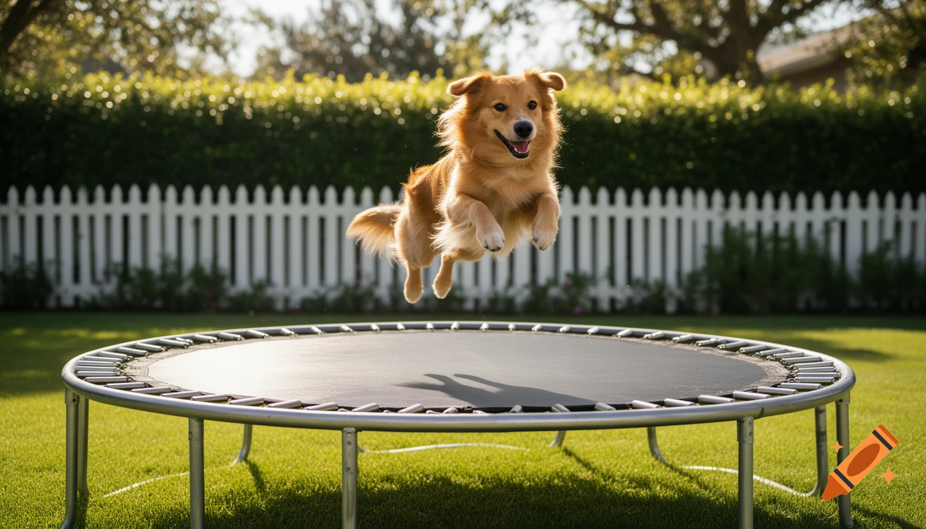 A happy golden-brown dog jumps high above a trampoline in a sunny backyard with a white picket fence.