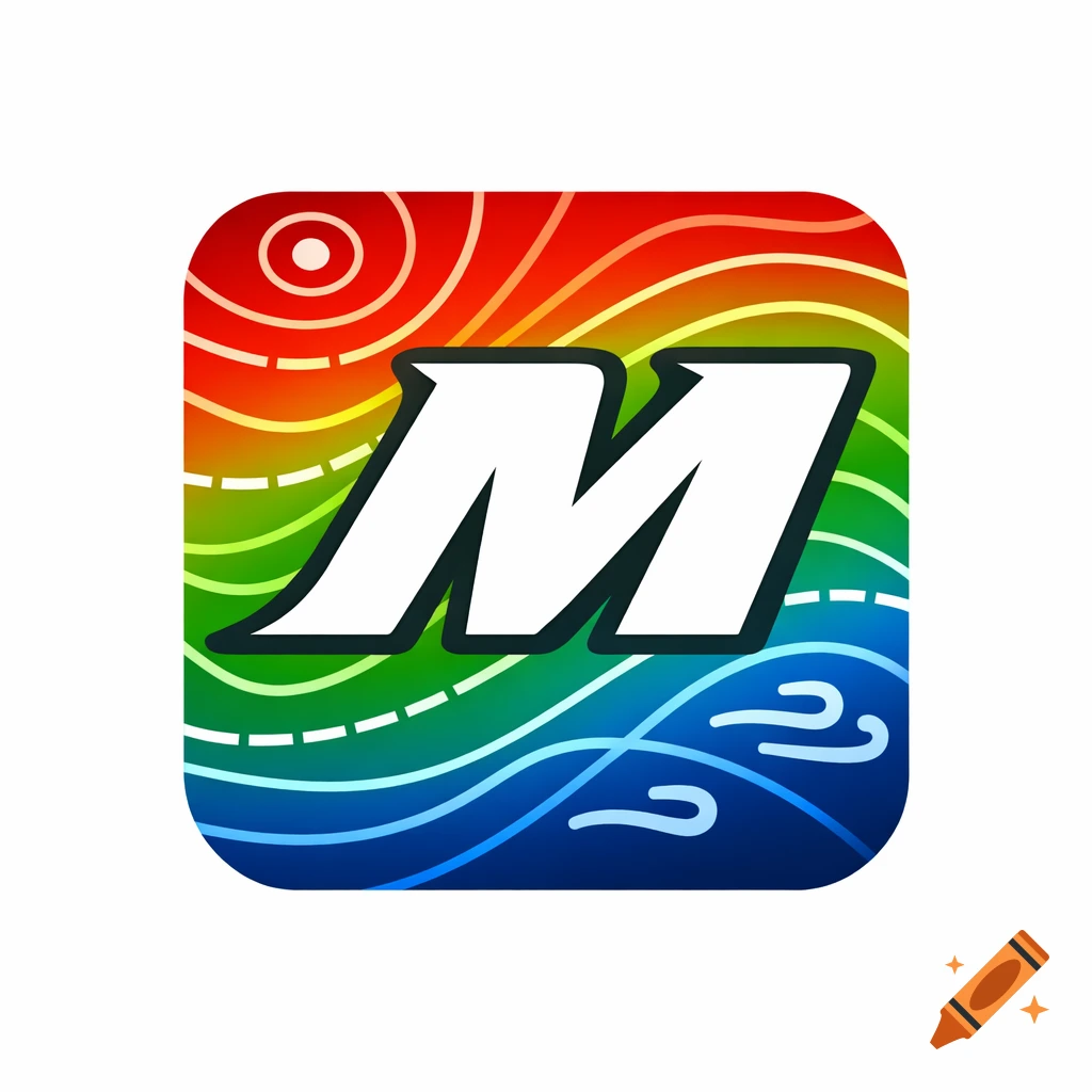 A rounded square icon featuring a bold white letter M with a dark outline against a background of red, green, and blue wavy color gradients.