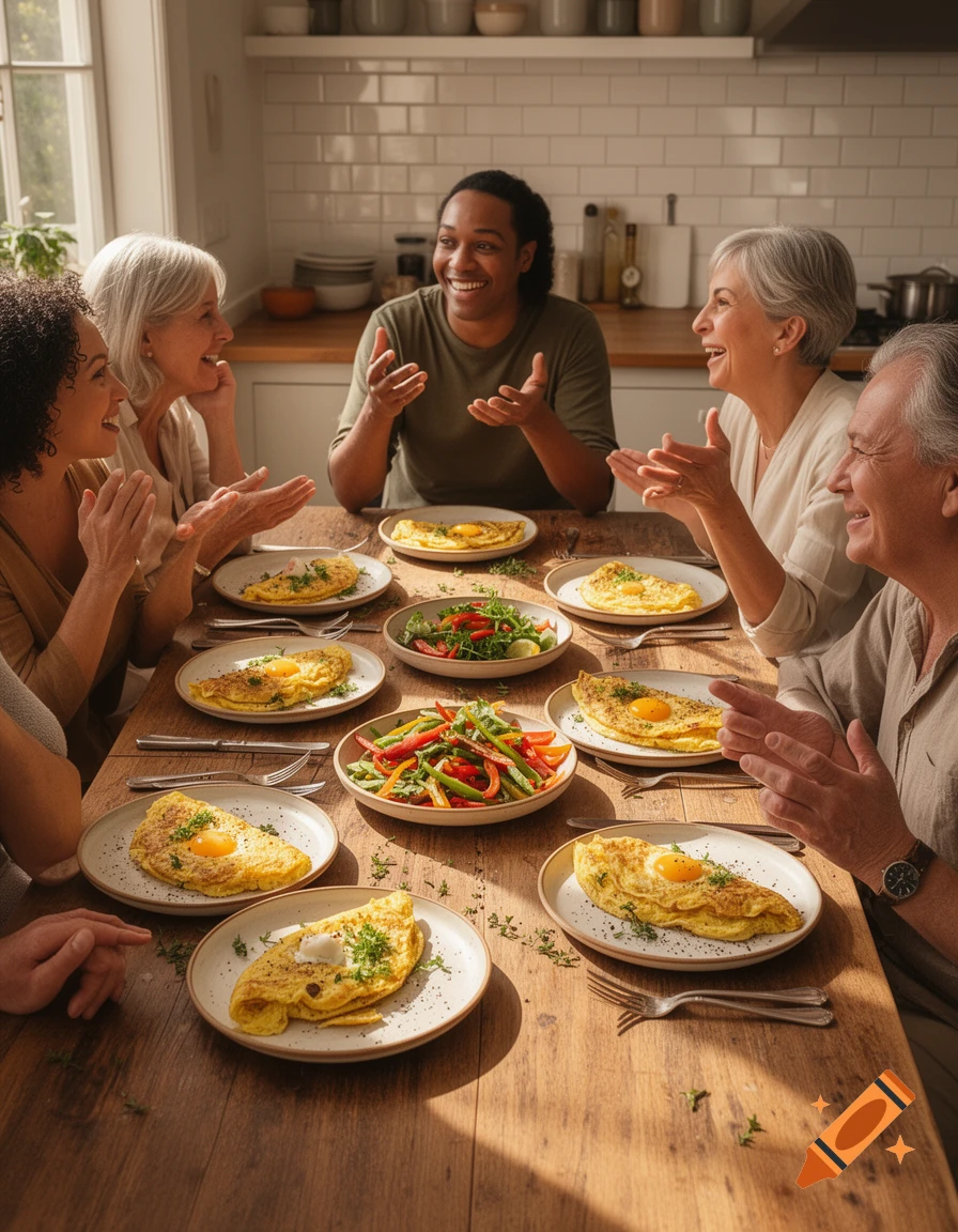 A diverse group of people laugh and chat around a sunlit wooden table filled with omelets and salads.