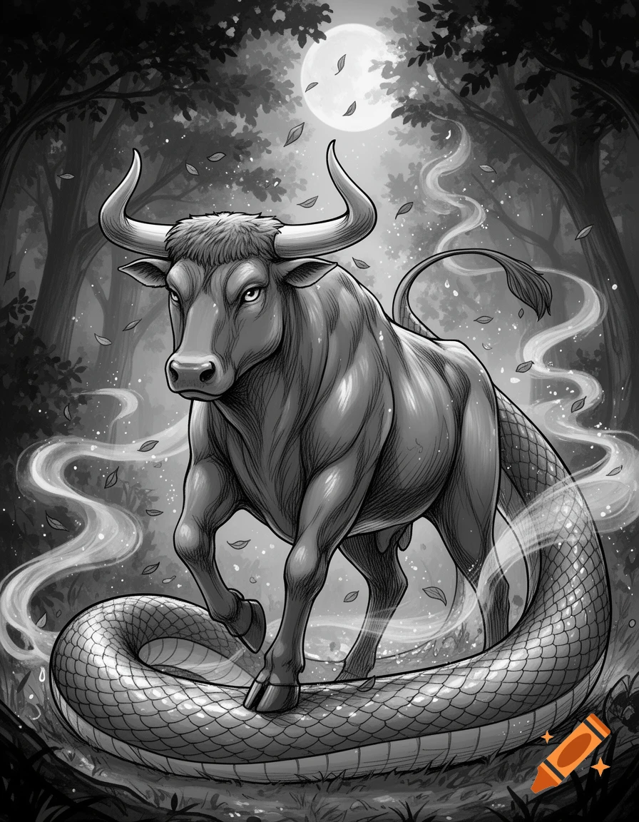 A black and white manga sketch of an Ophiotaurus, a bull with a snake tail, standing in a dark forest under a full moon.