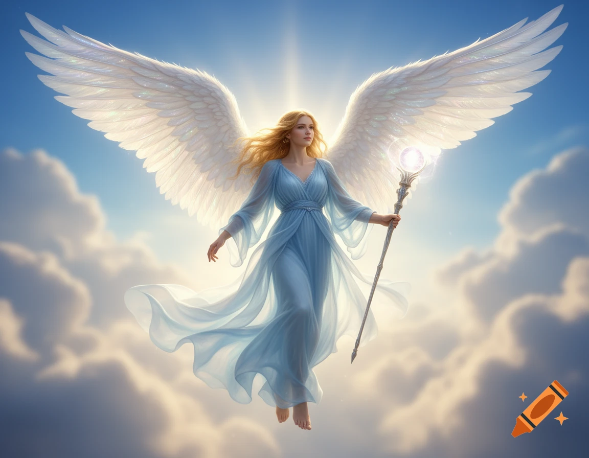 A beautiful blonde female angel in a flowing blue dress with large white wings holds a glowing staff while floating in a bright, cloudy sky.