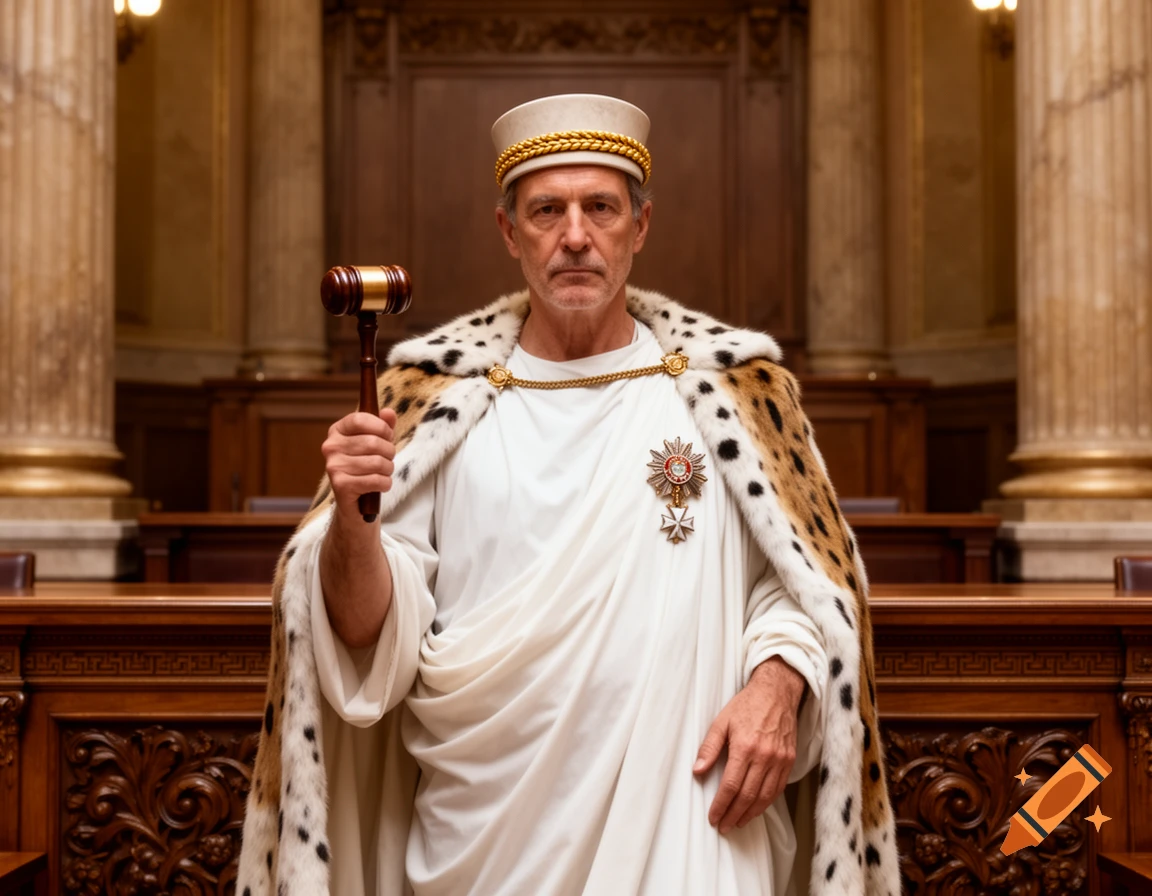 A serious man in a white toga, leopard-print cape, and hat, holding a gavel in a grand courtroom.