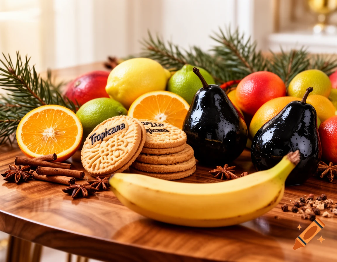 Still life of Tropicana cookies, citrus fruits, black pears, banana, cinnamon sticks, and pine needles on a wooden table.